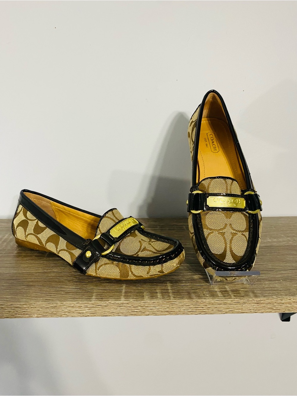 Coach Tan Signature Canvas Loafers with Black Trim and Gold Hardware